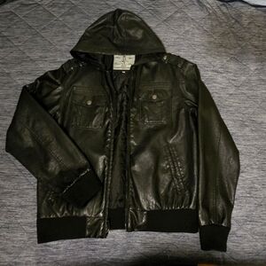 Black Bomber Jacket with Hood and Elasticized Cuffs